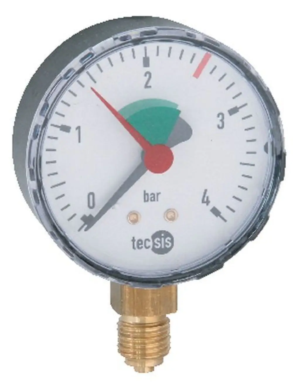 Manometer von Syr mit einem Ziffernblatt, das einen Druckbereich von 0 bis 4 bar anzeigt. Der Anschluss ist auf der Unterseite sichtbar.
